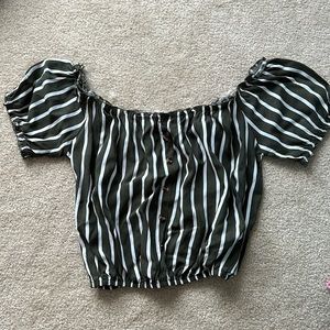 Francesca’s green and white stripped top with brown buttons